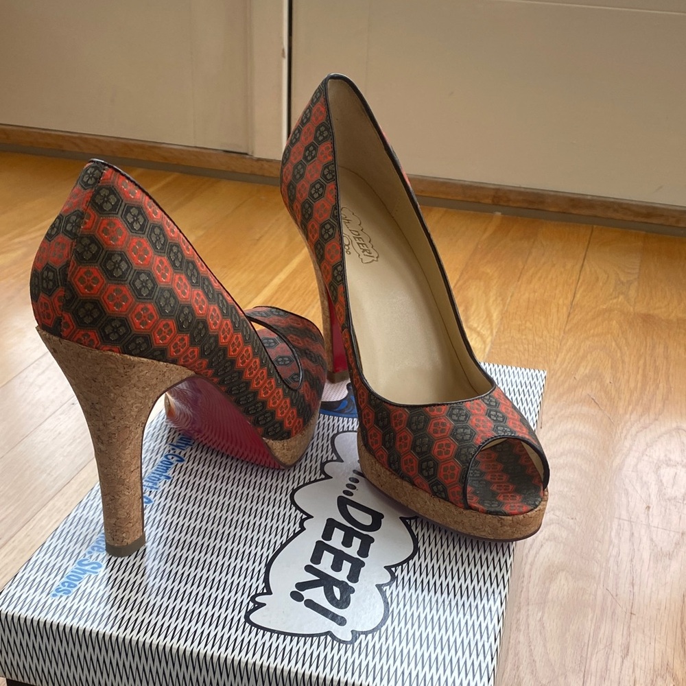 Oh Deer! Red and Black Patterned Cork Peep-Toe Platform Pumps